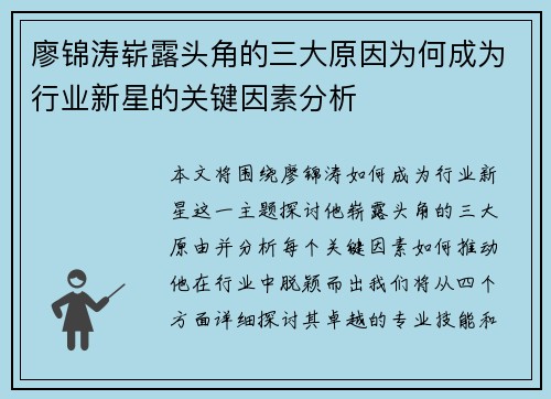 廖锦涛崭露头角的三大原因为何成为行业新星的关键因素分析